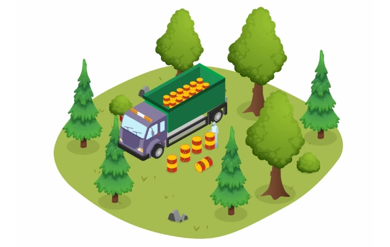 Ciężarówka wyładowując towar w lesie
